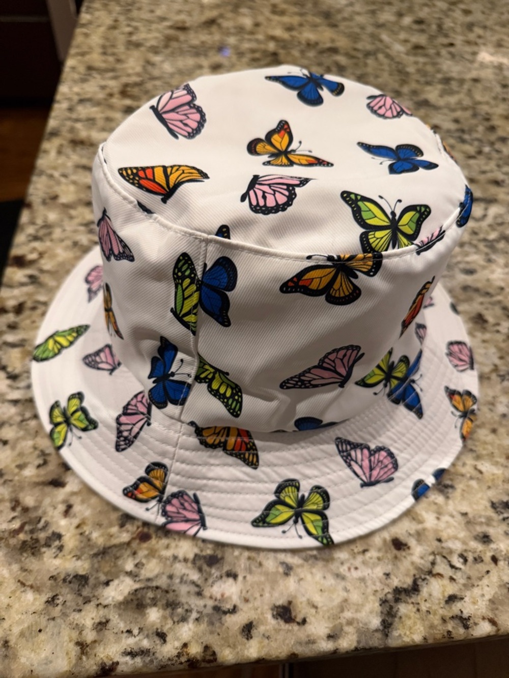 Amazon White Bucket Hat with Multicolor Butterfly Print
